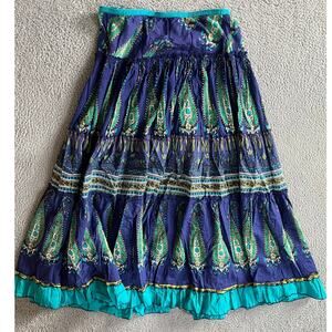 Dressbarn Midi Skirt Medium Paisley Stretch A-Line Navy Blue Boho Beach Hippie